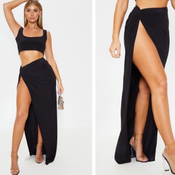 PrettyLittleThing Dresses & Skirts - Black Slinky Extreme Split Maxy Skirt